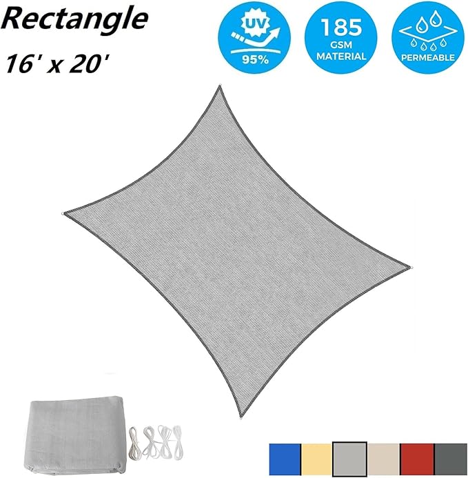 ASTEROUTDOOR Sun Shade Sail Rectangle 16' x 20' UV Block Canopy for Patio Backyard Lawn Garden Outdoor Activities, Gray AsterOutdoor