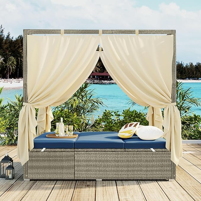 Patio Chaise Lounge,PE Rattan Outdoor Patio Wicker Adjustable Outdoor Sun Bed with Four-sided Canopy and Comfortable Blue Cushion – Versatile Use for Patio, Garden, and Poolside HarperBrightDesigns