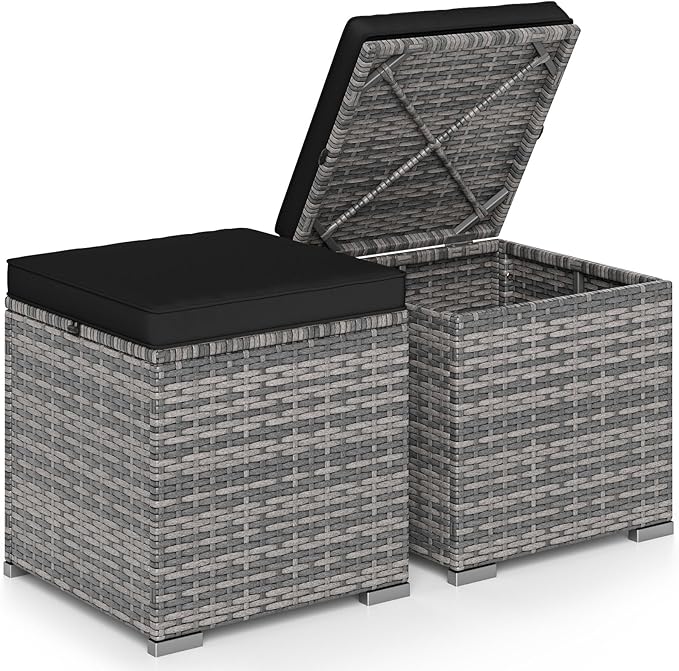 Tangkula 2 Pieces Patio Ottomans, Patiojoy Hand-Woven PE Rattan Side Table with Removable Cushion & Hidden Storage Space, Multifunctional Storage Box, Seat for Patio, Backyard, Poolside (Black&Grey) TANGKULA
