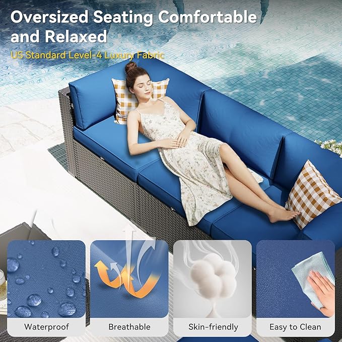 Aoxun Patio Furniture Set, 7 Piece Outdoor Sectional Sofas with Waterproof Cover, Wicker Rattan Outdoor Furniture Patio Conversation Set for Backyard, Garden Navy Blue Aoxun