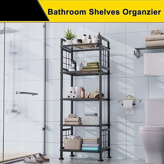 GIOTORENT 5-Wire Standing Book Shelf & Bookcase, Metal Storage Shelving Unit Pantry Rack for Laundry Kitchen Bathroom Organizer, Black GIOTORENT