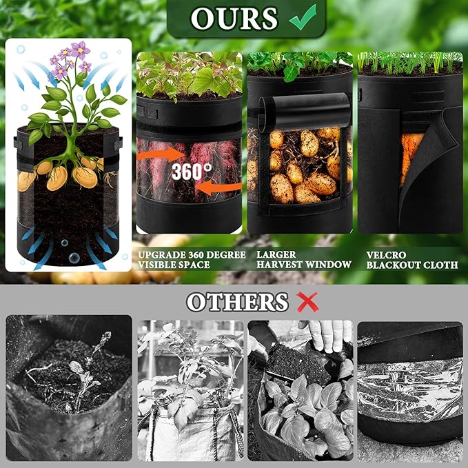 3 Pack 15 Gallon 360° Visibility Potato Grow Bags with Shading Flap, Plant Grow Bags for Growing Potatoes Heavy Duty Thickened Nonwoven Fabric Gardening Vegetable Growing Bags with Harvest Window WelcometoUJG%EF%BC%81