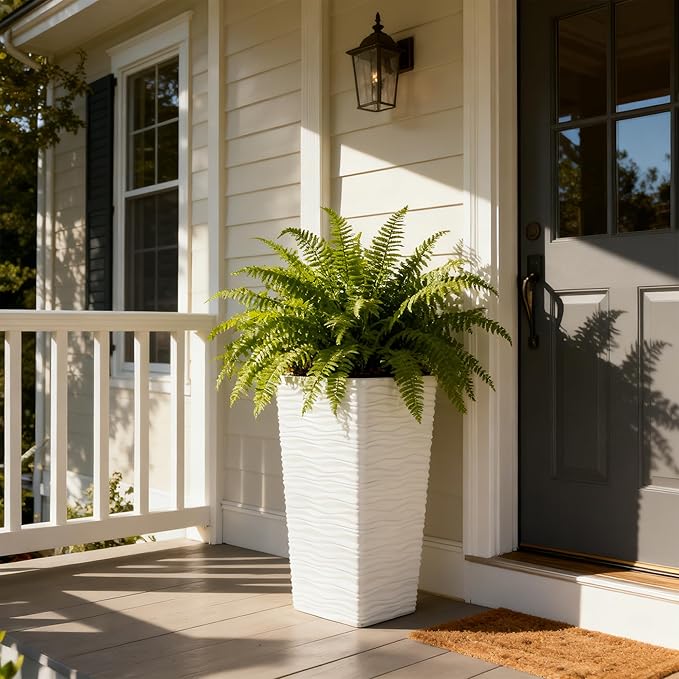 Worth Garden 22" Tall Planters Set of 2 - Plastic White Square Plant Pots with Drainage Hole - Modern Large Tapered Matte Wavy Tree Flower Pot for Indoor Outdoor Porch Deck WORTH