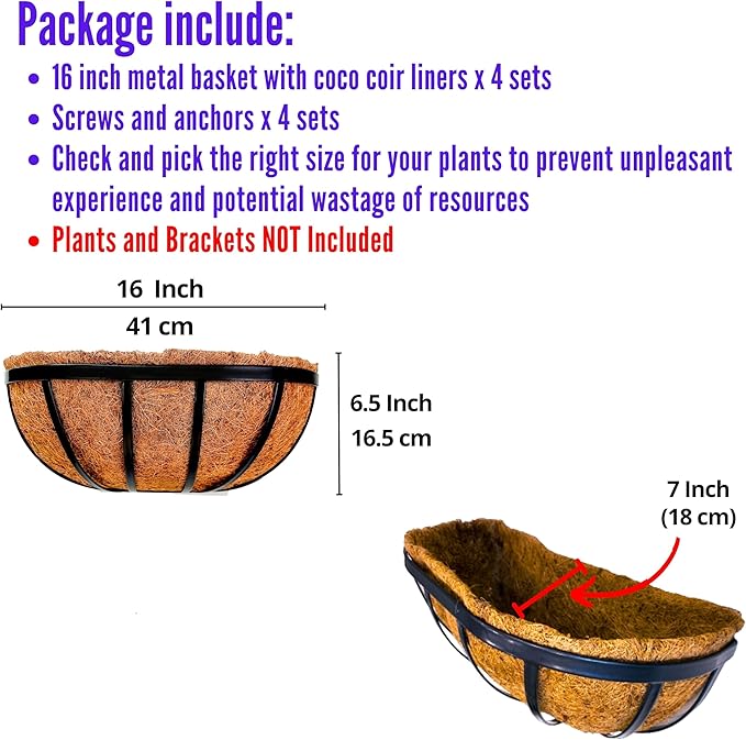 LaLaGreen Wall Planters for Outdoor Plant (16 Inch, 4 Pack) Deck Railing Planter Boxes for Outside Plants Window Flower Box with Coco Liners Metal Horse Troughs Fence Garden Herb Patio Porch over Rail L%C3%A1L%C3%A1Green