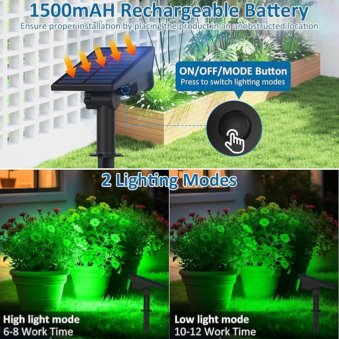 T-SUNUS Green Solar Spot Lights Outdoor 4 Pack, IP65 Waterproof Landscape Spotlights 2 Modes Dusk to Dawn for St Patricks Day Halloween Christmas Tree Pond Patio Garage Statue Graveyard Garden Flag T-SUNUSLighting
