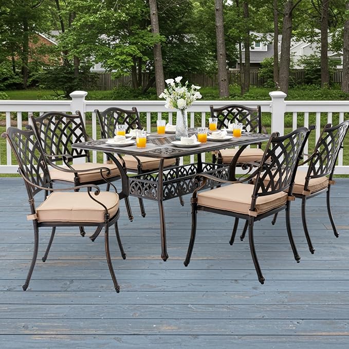 7-Piece Cast Aluminum Patio Furniture, Patio Dining Set for 6 Include 59" Rectangular Outdoor Dining Table and 6 Stackable Chairs with Cushions & Umbrella Hole (Bronze) Rootora