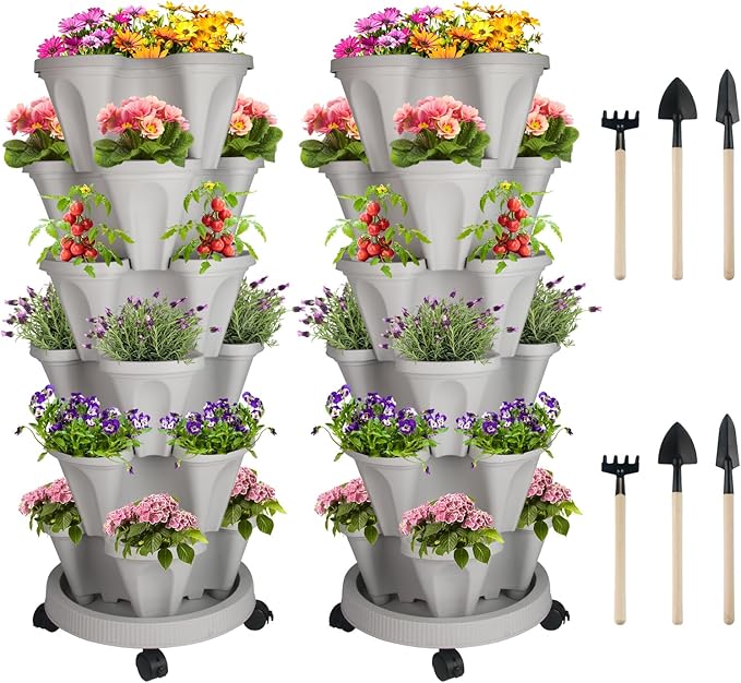 GameXcel Vertical Planter 6 Tier Stackable Planters Garden Planters Strawberry Herb Flower and Vegetable Planter Indoor Outdoor Gardening Pots with Removable Wheels and Tools 2-Pack GameXcel