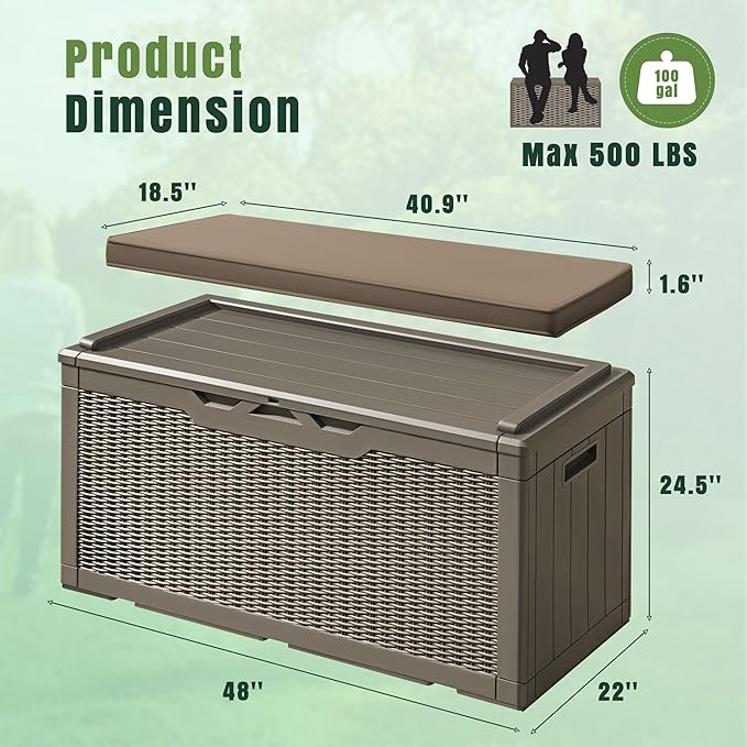 Greesum 100 Gallon Resin Deck Box Large Outdoor Storage with Cushions for Patio Furniture, Garden Tools, Pool Supplies, Weatherproof and UV Resistant, Lockable, Light Coffee BuynowfromGreesum