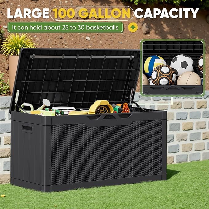 Greesum Outdoor Storage Box 100 Gallon Storage Bin with Lid for Patio Furniture, Garden Tools, Pool Supplies, Lockable, Waterproof and UV Resistant, Black BuynowfromGreesum