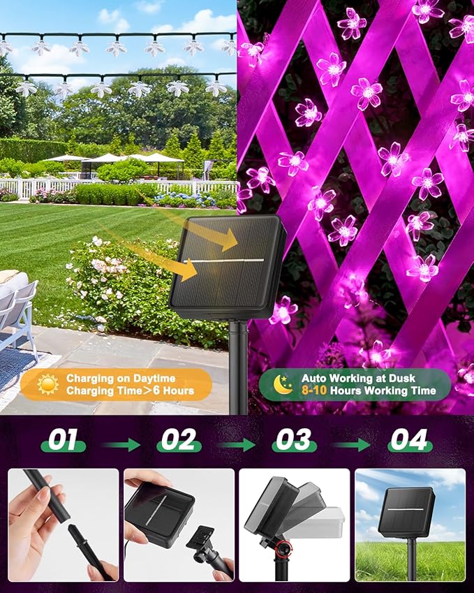 Brightown 2 Pack Total 52FT 120 LED Flower Solar String Lights Outdoor Waterproof Fairy Lights for Garden Yard Fence Patio Christmas Tree Wedding Party Decor, Pink Brightown