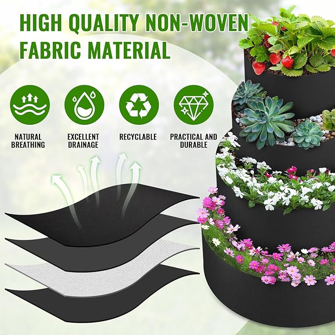 8 Pcs Plant Grow Bags 4 Tiered Strawberry Planter Tower Fabric Raised Garden Beds, 39 Inch Nonwoven Strawberry Pyramid Planter for Vegetables Flower Herbs Gardening Outdoor Growing (Black) Rootora