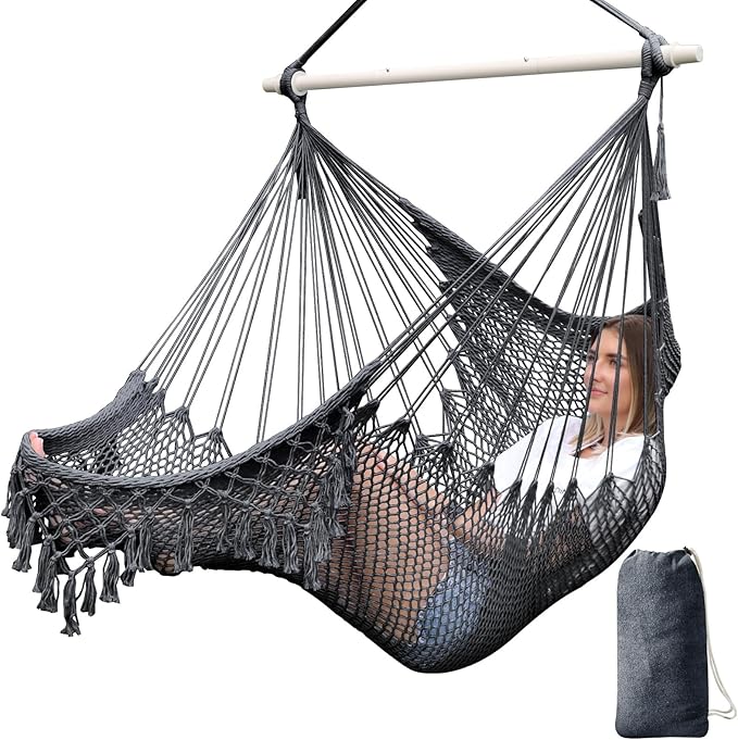 Chihee Hammock Chair Super Large Soft-Spun Cotton Rope Weaving Hanging Chair, Collapsible Strong Metal Spreader Bar Wide Seat Lace Stretch Swing Chairs Indoor Outdoor Garden Yard Theme Decoration Chihee