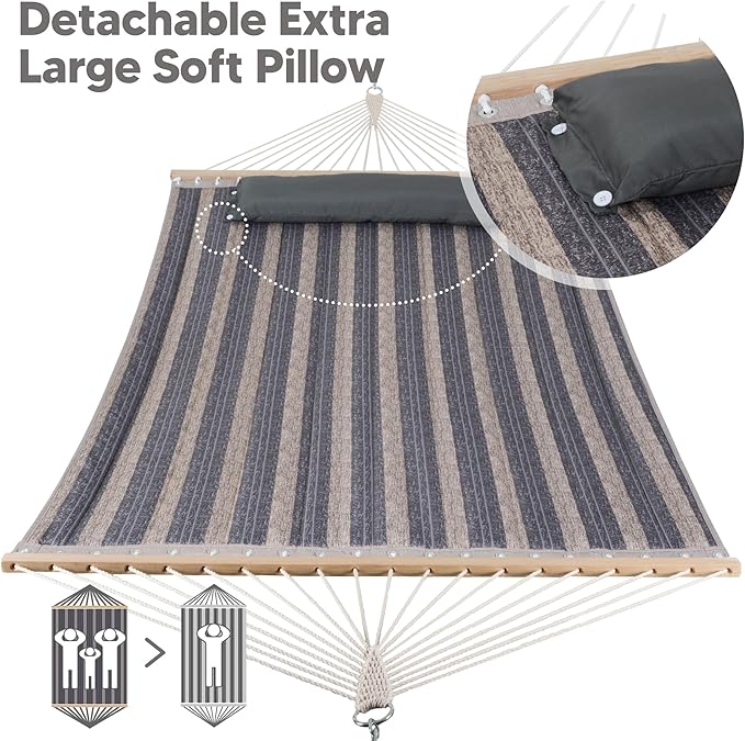 SUNCREAT Double Quilted Hammock with Hardwood Spreader Bar, Extra Large Soft Pillow, Heavy Duty 2 Person Hammock for Indoor, Outdoor, Gray Stripes SUNCREAT