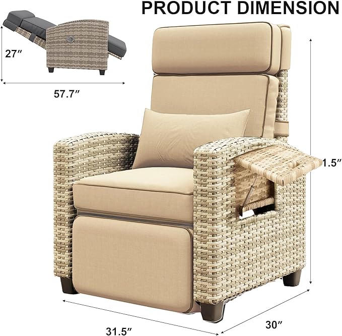 Garvee Outdoor Recliner Chair, 145° Adjustable Backrest & Footrest Lounge Chair with Removable Cushion and Flip-Up Side Table, All-Weather PE Wicker & Steel Frame for Poolside, Deck, Balcony, Khaki Garvee