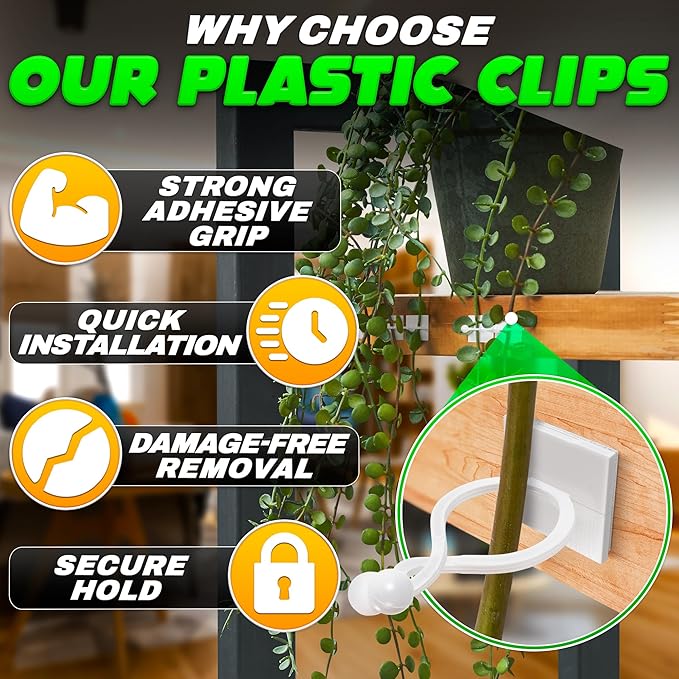 100Pcs Clear Plant Clips for Climbing Plants Indoor - White & Flexible Climbing Plant Wall Clips for Vines - Universal Size Vine Clip Set with Self-Adhesive Mount, Easy Installation and Strong Grip DIMROM
