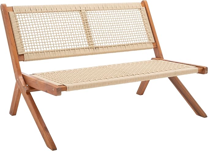 SAFAVIEH Outdoor Collection Kobina Natural Acacia Wood/Natural Rope Foldable Bench (Fully Assembled) SAFAVIEH