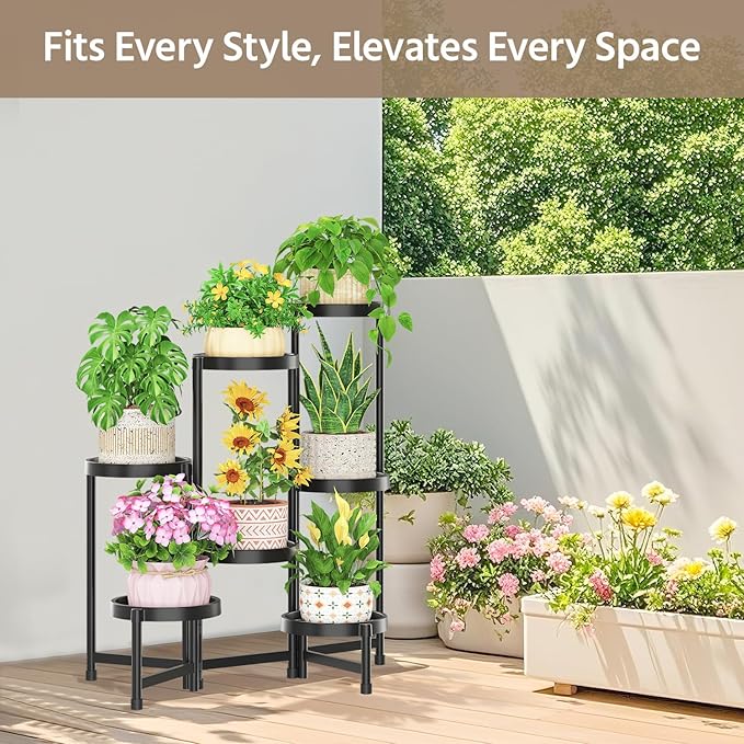 LASZOLA 7 Tiered Folding Plant Stand Indoor for Multiple Large Planter, Tall Heavy Duty Adjustable Rack with Rust Proof Plastic Shelving, Sturdy Vertical Tree Organizer for Narrow Inside Floor, Black LASZOLA