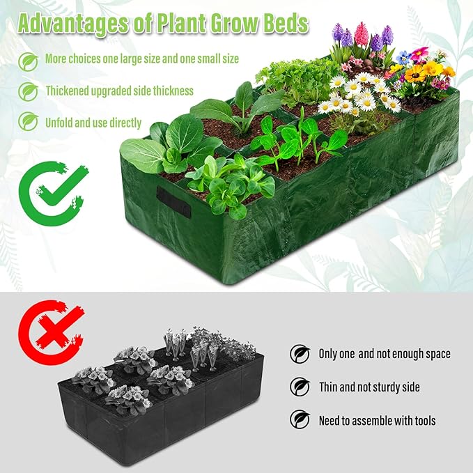 Fabric Raised Garden Bed, 2 Pack 8 Grids and 4 Grids, 128 Gallon Rectangle Grow Bags with Drainage Holes, Breathable PE Planting Containers for Outdoor Vegetables Fruits Flowers LifeisLuck