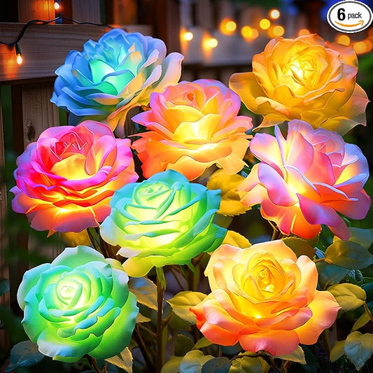 Solar Garden Lights Outdoor Waterproof: 6 Pack LED Solar Flowers Lights Garden Decor - 7 Color-Changing Spring Solar-Powered Stake Rose Decor for Patio Outside Yard Pathway Lawn Cemetery Decorations NESSTU