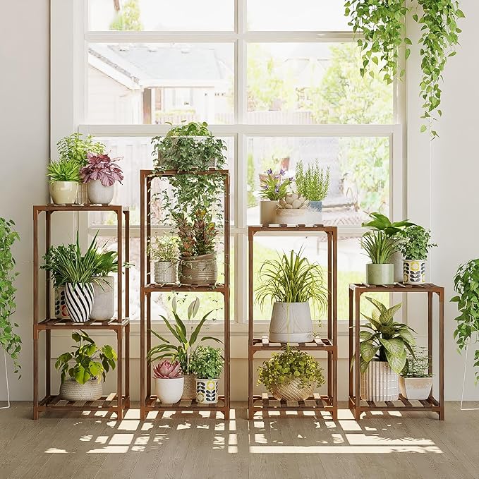 Bamworld Plant Stands Indoor 4 Sets Plant Shelves Outdoor Wooden Plant Holder for Multiple Plants Flower Stands Window Bamworld