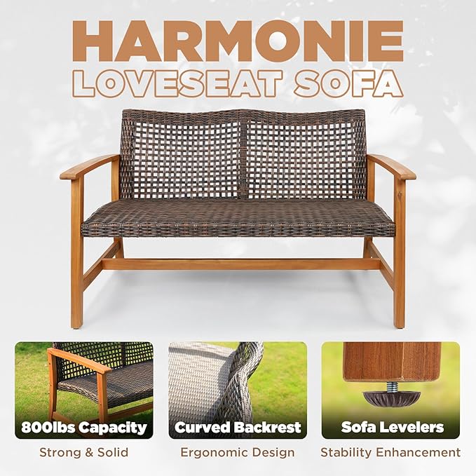 IDZO Harmonie 800lbs Capacity Outdoor Loveseat Furniture, FSC Certified Acacia Patio Sofa with Upgraded 2000 Hours UV Resistant Wicker, Teak Finish Porch Couch Idzo
