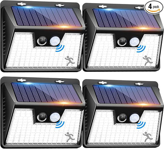 Peasur Solar Lights Outdoor Waterproof, 4 Pack 140LED Motion Sensor Light, 3 Modes Solar Powered Fence Security Lights for Patio Step Deck House Outside(Cool White) Peasur