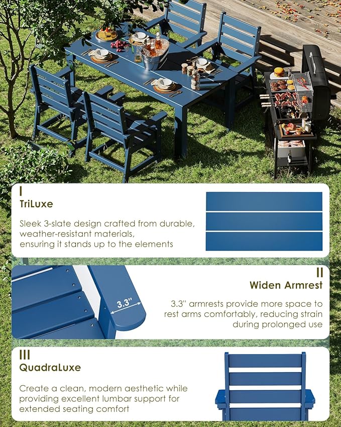 GREENVINES 7-Piece Outdoor Dining Set | HDPE | Patio Table and Chairs Sets for 6 | Patio Furniture | All Weather | Umbrella Hole | Blue| for Backyard Poolside Garden GreenVines