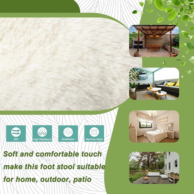 15" Foldable Foot Stool Ottoman with Metal Frame - Washable Faux Fur Beige Upholstered Indoor/Outdoor Footrest for Living Room, Bedroom, Patio - Space-Saving Compact Design WELL-STRONG