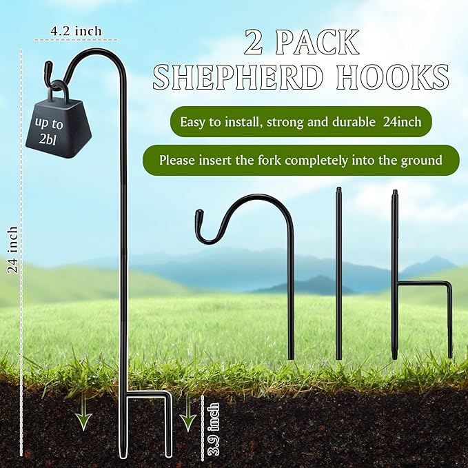 2 Pcs 24 Inch Shepherds Hook for Outdoor Adjustable Bird Feeder Pole Metal Steel Shepard Hooks for Hummingbird Stand Feeder Pole for Garden Plant, Lantern, Hanging Wedding Decor Yetene