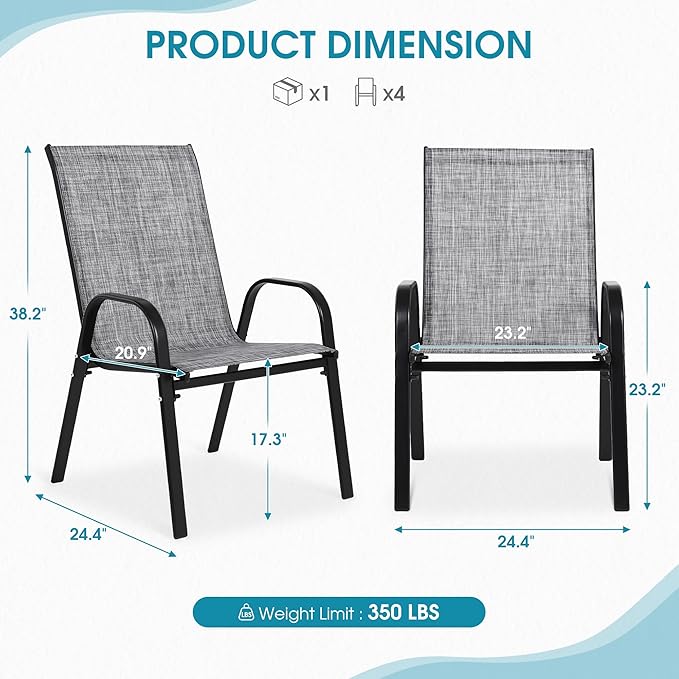 Outdoor Stackable Chairs Set of 8, Stacking Patio Chairs with Textilene Fabric, Outside Furniture for Garden Backyard Balconie Poolside Deck, Grey Villeston