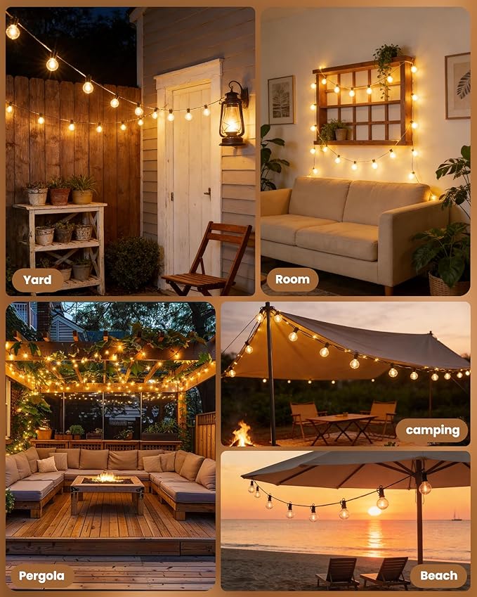 Brightown Outdoor String Lights 29 Feet G40 LED Patio Lights, Plug-in, 13 Plastic Edison Bulbs(1 Spare), Waterproof Connectable Hanging Light for Backyard Porch Balcony Party Decor, E12 Base, Black Brightown