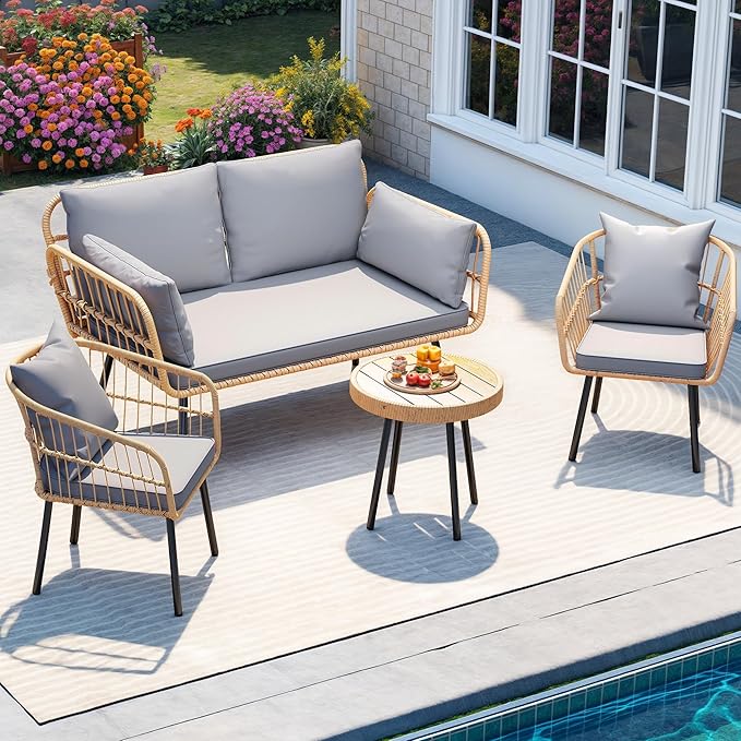 DWVO Patio Furniture Set 4 Pieces Boho Wicker Bistro Set, All Weather Outdoor Rattan Conversation Set with Loveseat Chairs Table Soft Cushions for Backyard, Pool, Garden - Grey DWVO