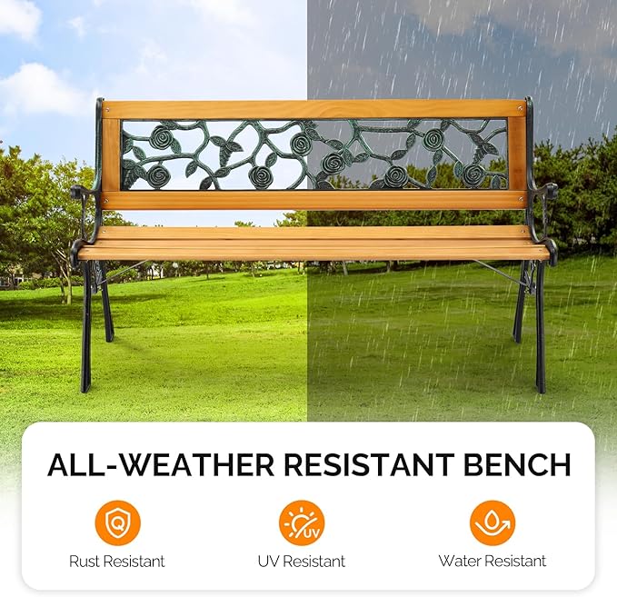 VINGLI Outdoor Bench Metal Garden Bench, Wood Patio Benches w/PVC Backrest Cast Iron Love Seat Park Benches for Porch Yard (Rose) VINGLI