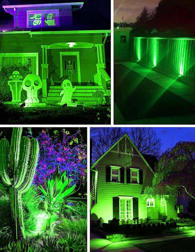 Green LED Spot Lights Outdoor, 14 LED Landscape Lighting with US Plug, IP65 Waterproof Spotlights for Tree Yard Garden Pathway Flag St. Patrick's Day Halloween Christmas Decor 2 Pack CREPOW