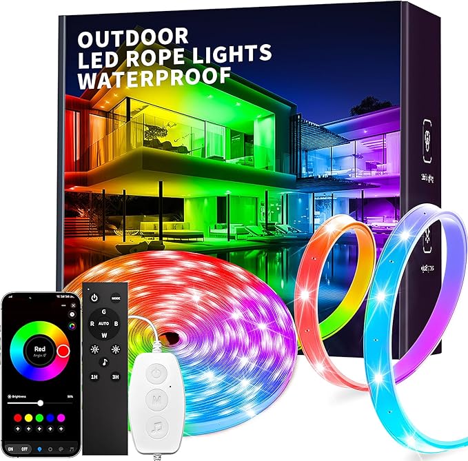 KSIPZE Outdoor led Strip Lights Waterproof IP68, RGB Outdoor led Lights with Button & Bluetooth App Control, Music Sync, Timer, Exterior Led Rope Lights for Decor Balcony, Roof, Garden, Pool KSIPZE
