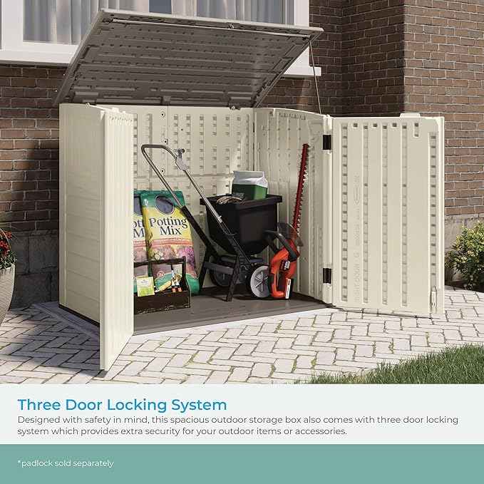 Suncast 34 Cu Ft Horizontal Resin Plastic Storage Shed - Outdoor Storage Shed with Floor Included, Lockable, Weatherproof, Fits Small to Medium Trash Cans, Generators, & Garden Tools, Vanilla Stoney