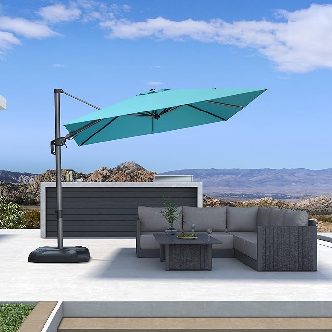 PURPLE LEAF 8.8' X 8.8' Right-left Tilt Patio Umbrella with Base Outdoor Cantilever Swivel Square Umbrella with Tilt Aluminum Offset Umbrella with 360-degree Rotation for Garden Deck Pool Patio Turquoise Blue PURPLELEAF