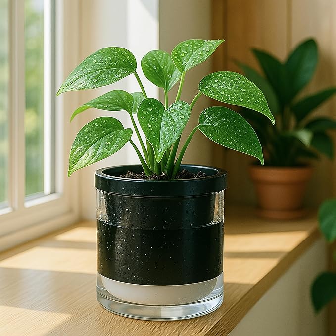 D'vine Dev 6 Inch Design Self Watering Planter for Indoor Plants, Black Terracotta Pot with Cylinder Glass Cup, 37-X-B-3 DvineDevPlanterPotsandStand