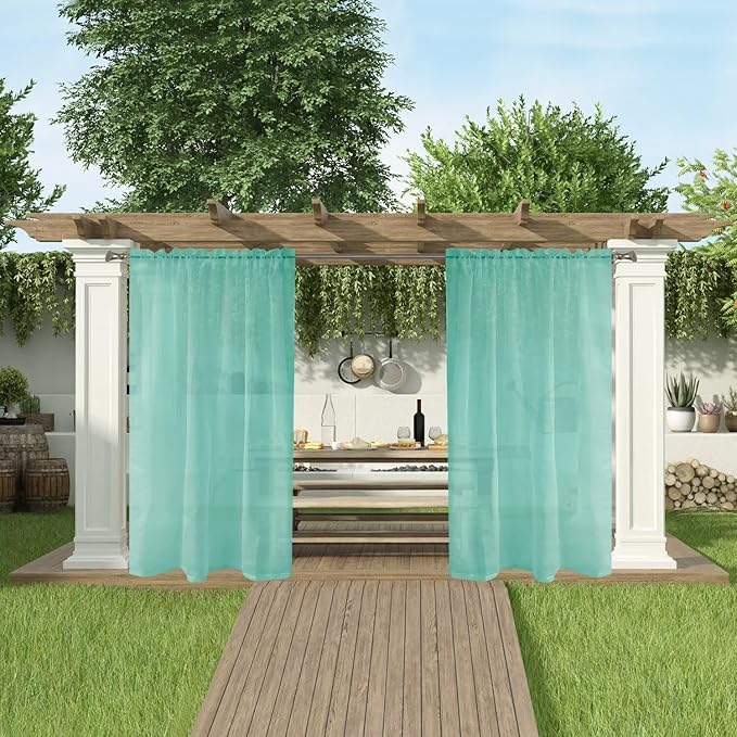 SpaceDresser Waterproof Outdoor Sheer Curtains for Patio - 4 Panels Rod Pocket Indoor Voile Sheer Curtain for Living Room,52W x 108L inch, Turquoise SpaceDresser