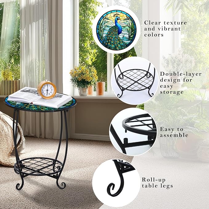 Outdoor Side Table Round Small Mosaic Patio Accent Indoor End Plant Coffee Tea Table for Yard Patio Porch Garden Living Room, Bedroom(Peacock Style,18 Inch) Cinnvoice