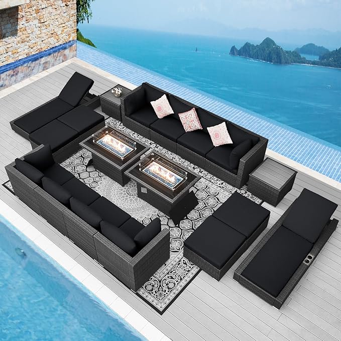 NICESOUL 18 Piece Outdoor Sectional with Fire Pit Table, 29.3'' High Back Extra Large Patio Furniture Set with Firepit & Chaise Lounge, 14-Person Outdoor Sofa Conversation Couch, Grey & Black NICESOUL