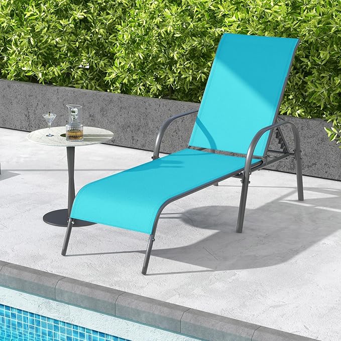 Giantex 2 Pack Patio Lounge Chair, Outdoor Chaise Lounge with 5 Adjustable Backrest, Sturdy Steel Frame, Sunbathing Recliner, Tanning Chair for Beach, Outside, Yard, Balcony, Pool Chairs (2,Turquoise) Giantex