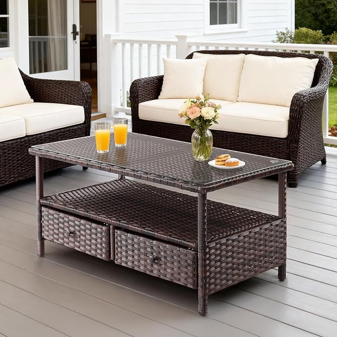 VINGLI Outdoor Wicker Coffee Table with 2 Drawers & Tempered Glass Top, Patio Coffee Table Outdoor Table for Balcony, Porch, Deck VINGLI