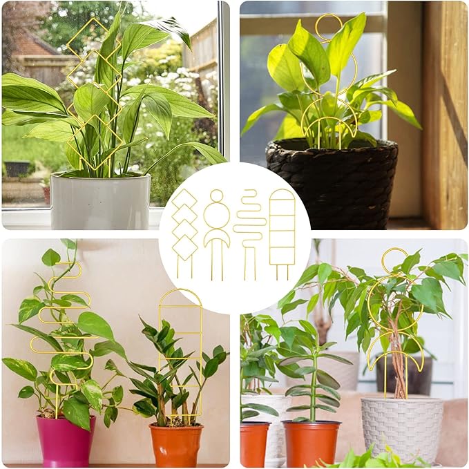 4 Pcs Mini Metal Trellis for Potted Plants, Climbing Support Stake for Houseplant Vines Pothos (Gold) Rootora