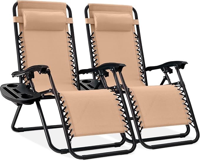 Best Choice Products Set of 2 Adjustable Steel Mesh Zero Gravity Lounge Chair Recliners w/Pillows and Cup Holder Trays - Beige BestChoiceProducts