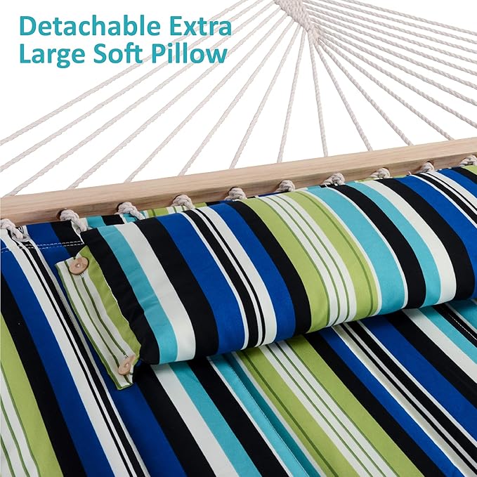 SUNCREAT Hammock with Stand 2 Person Heavy Duty, Freestanding Hammock with Spreader Bar, Soft Pillow, Green Stripes SUNCREAT