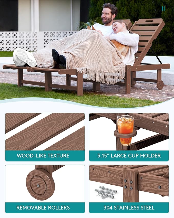 SERWALL Patio Chaise Lounge, HDPE Outdoor Lounge Chair with Cup Holder, 5 Positions Adjustable Poly Lounger with Rolling Wheels for Poolside, Deck, Sunbathing, Brown SERWALL
