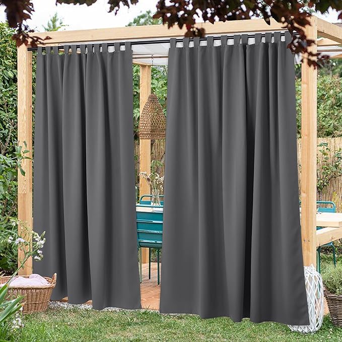 NICETOWN 2 Panels Grey Patio Outdoor Curtainss Weighted and Thick Waterproof 95" L by 84" W, Thermal Insulated Detachable Tab Top Blackout Sunlight Reducing Outdoor Indoor Window Drapes for Porch NICETOWN