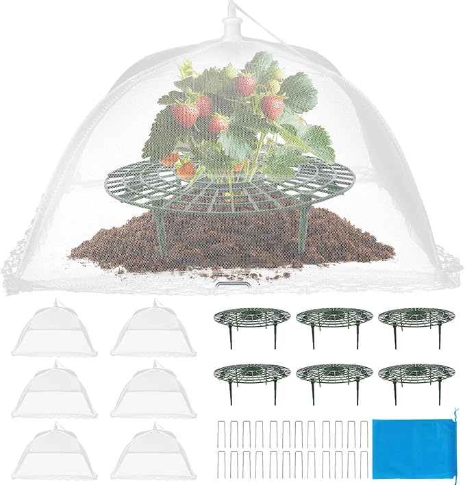 4 Sets Strawberry Plant Support with Mesh Plant Cover,Strawberry Growing Racks Sets with Iron Plant Nails and Storage Bag for Garden Strawberry Vegetables(White Net - Round) Rootora