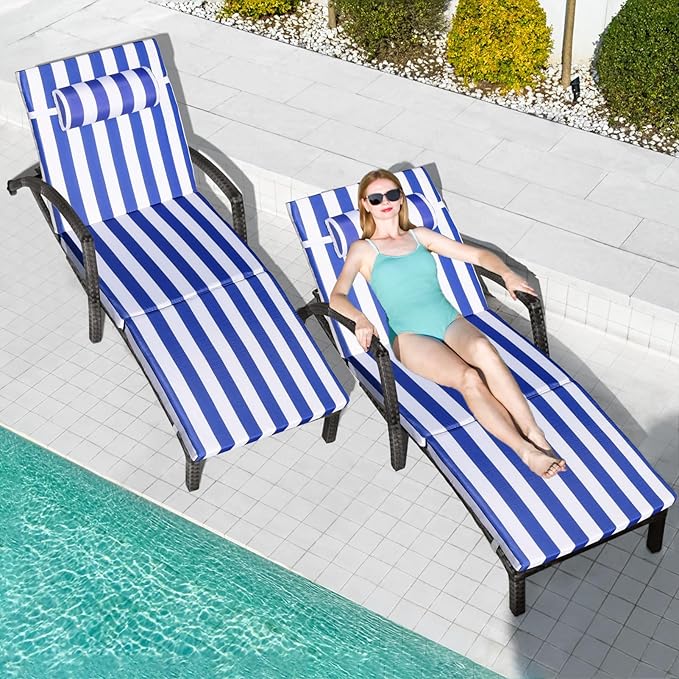 Chaise Lounge Chairs Outdoor Set of 2, Comfy Outside Wicker Patio Pool Lounge Chair w/ 5 Adjustable Back Angle, Cup Holder, Thicken Cushion ZZWHOM